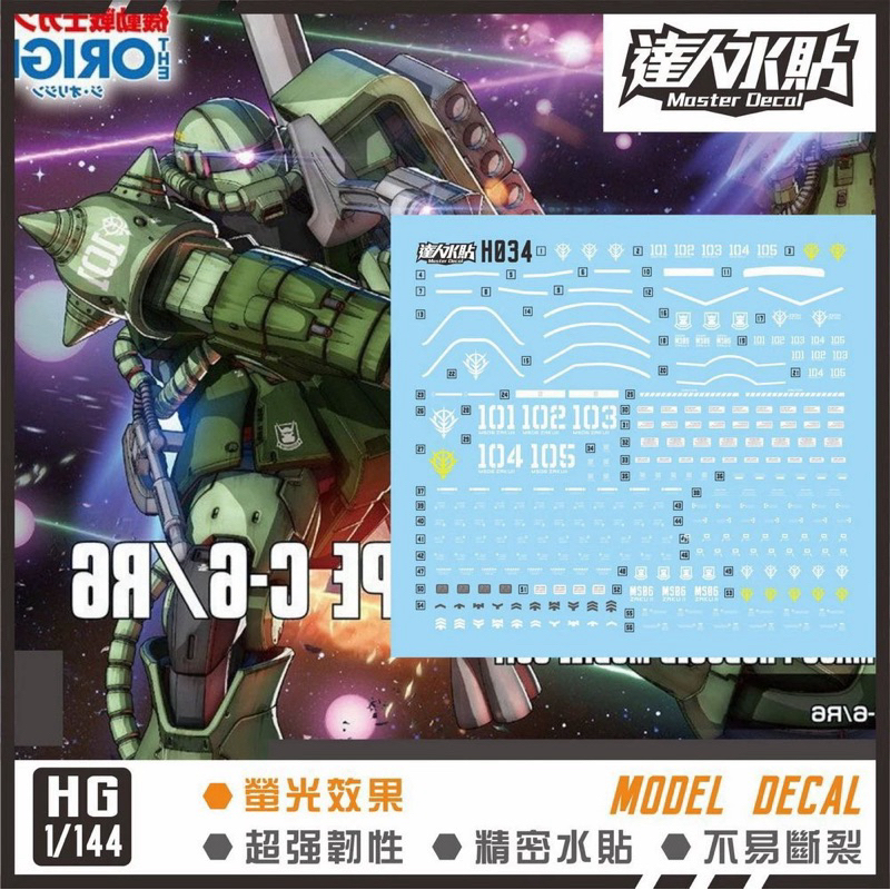 ดีคอลน้ำ DL HG 034 UC DECAL HGGTO MS-06C-6/R6 Zaku II)เรืองแสงแบล็คไลท์