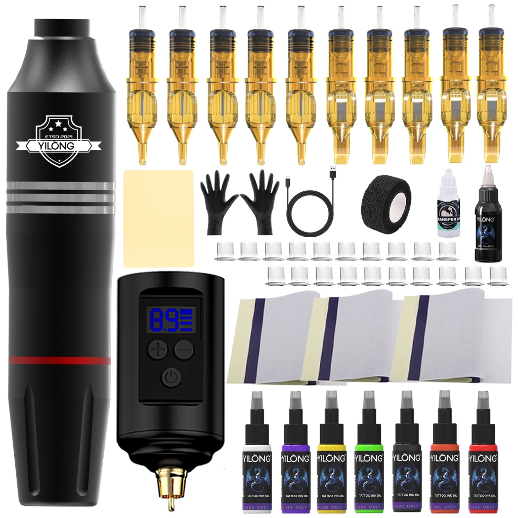 YILONG Professional Wireless Tattoo Starter Kit สําหรับผู้เริ่มต้น – 1200mAh Power Machine + 49 ชิ้นอุปกรณ์เสริม (10 เข็มตลับหมึก/กระดาษTransfer/Practice Skin)​