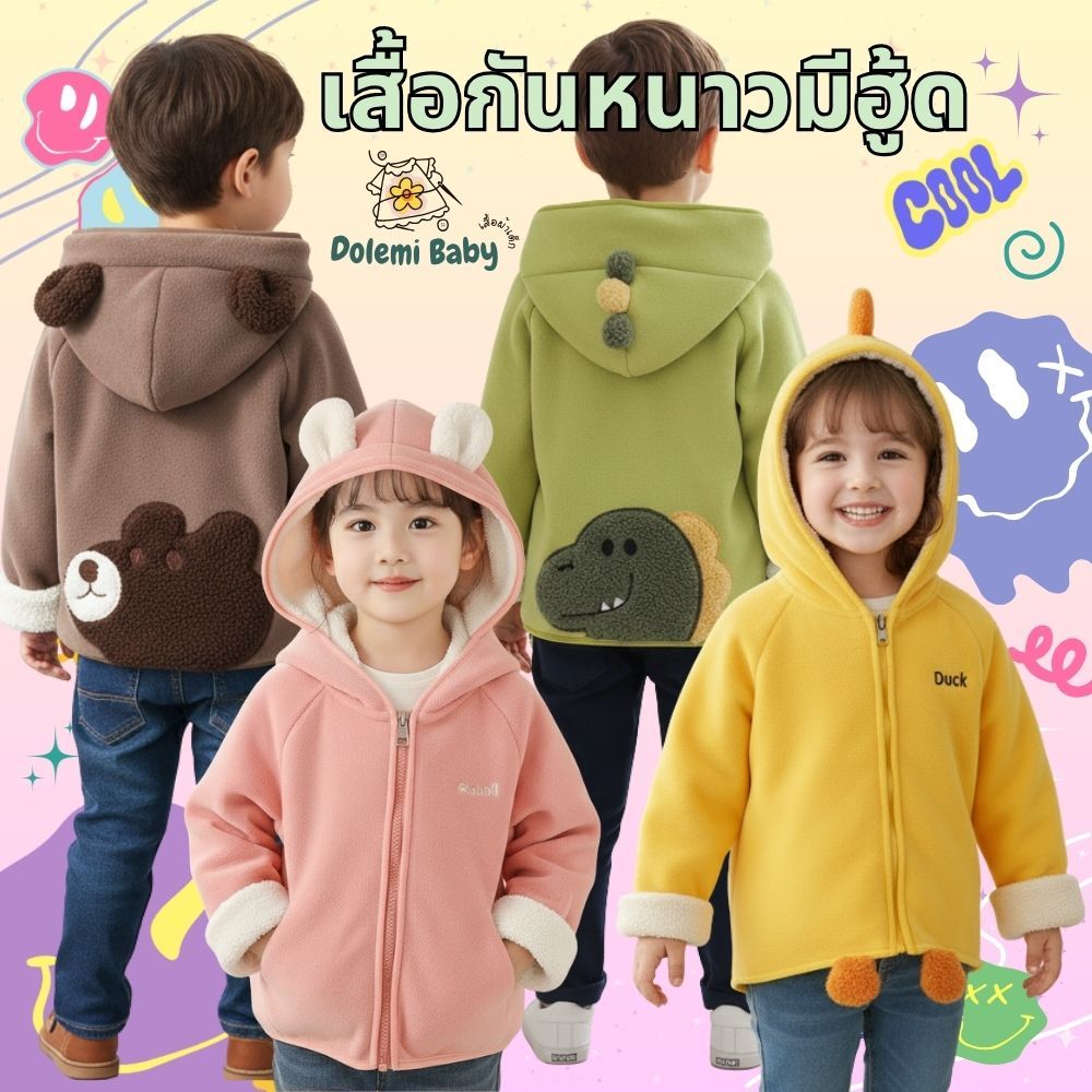 Dolemi Baby เสื้อกันหนาว ผ้าหนา แขนยาว หนา2ชั้น อบอุ่น มีฮูด มีซิป ลายสัตว์น่ารัก ขนอัลปาก้าผสม นุ่ม