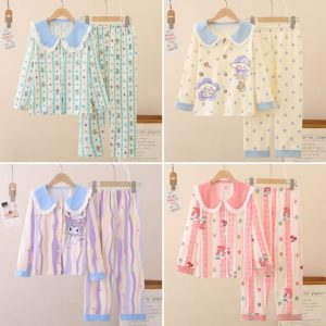 เสื้อผ้าสาวๆ ชุดนอนเด็กผู้หญิง ลายการ์ตูนน่ารัก สไตล์เจ้าหญิง คาร์ดิแกนแขนยาว+กางเกงขายาว 10~55kg