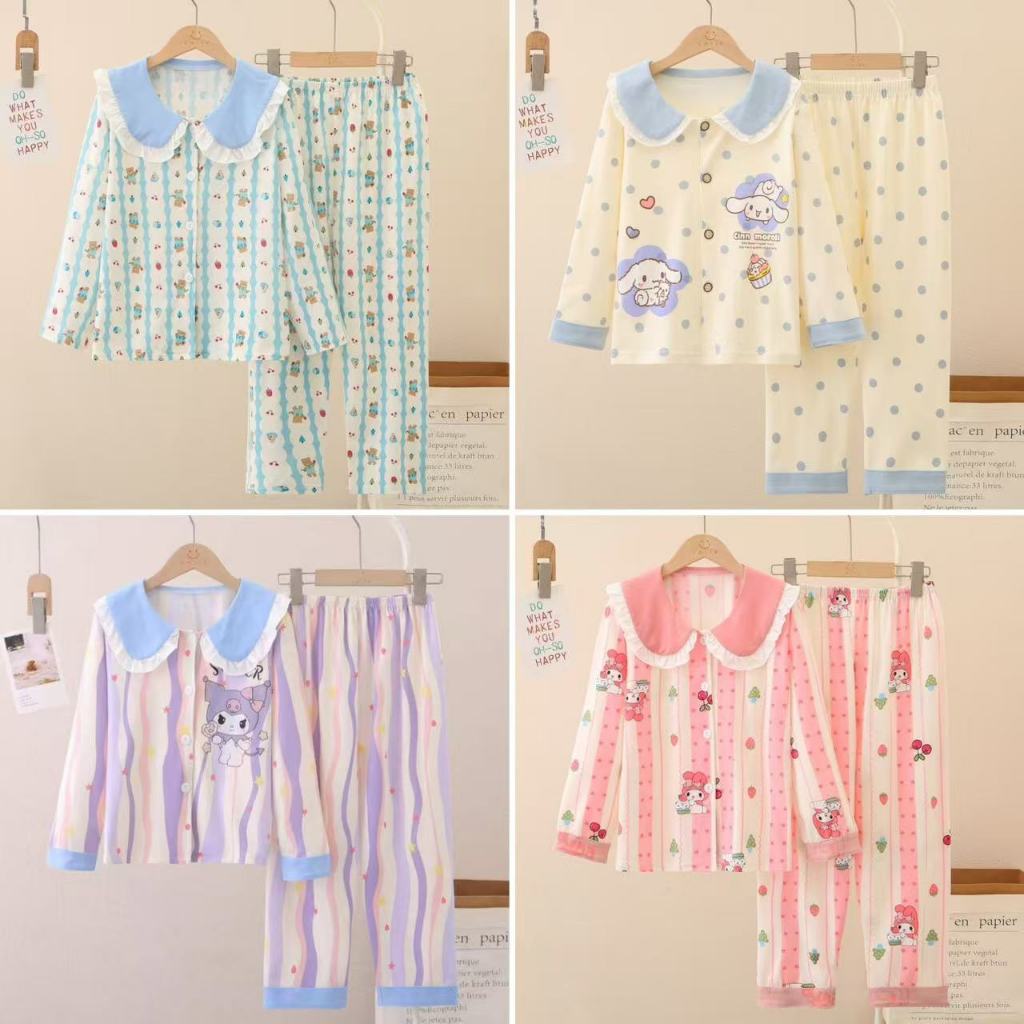 เสื้อผ้าสาวๆ ชุดนอนเด็กผู้หญิง ลายการ์ตูนน่ารัก สไตล์เจ้าหญิง คาร์ดิแกนแขนยาว+กางเกงขายาว 10~55kg