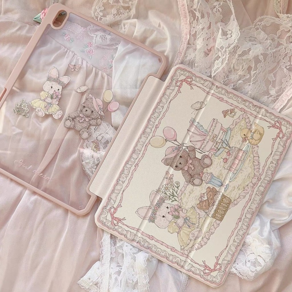 ขายร้อน! F & X iPad เคสป้องกันตั้งแคมป์หมีกระต่ายสำหรับ ipadpro2024เคสป้องกัน air6/5/4หมุน7/8/9อะคริลิค13นิ้ว