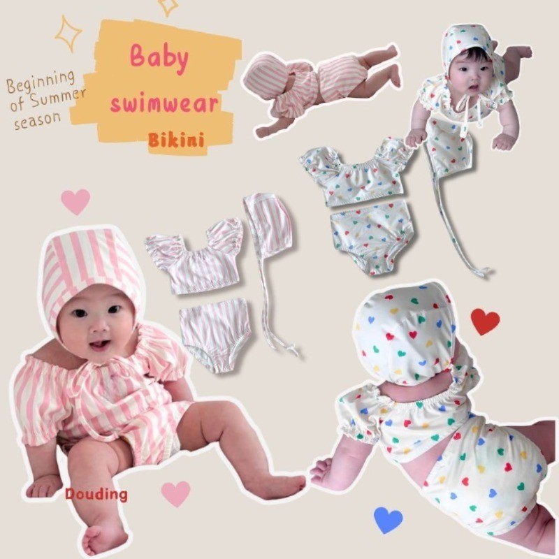 ชุดว่ายน้ําเด็กผู้หญิง Summer Baby Pink Striped Split ชุดว่ายน้ําป้องกันคลอรีนและครีมกันแดด