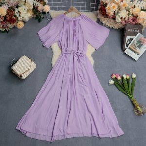 ชุดเดรสจีบระบาย,ชุดเดรสยาว,ชุดเดรสแฟชั่น สีม่วงพาสเทล แขนบาน คอกลม ผ้าชีฟองเนื้อทราย ความยาวชุด=52