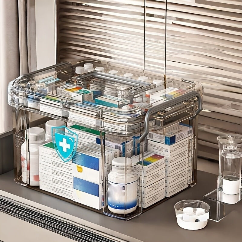 กล่องเก็บของบ้านพลาสติกกล่องปฐมพยาบาลพร้อมที่จับโปร่งใสบ้านเสริมความสะดวกเครื่องมือkitกล่องเก็บปาก