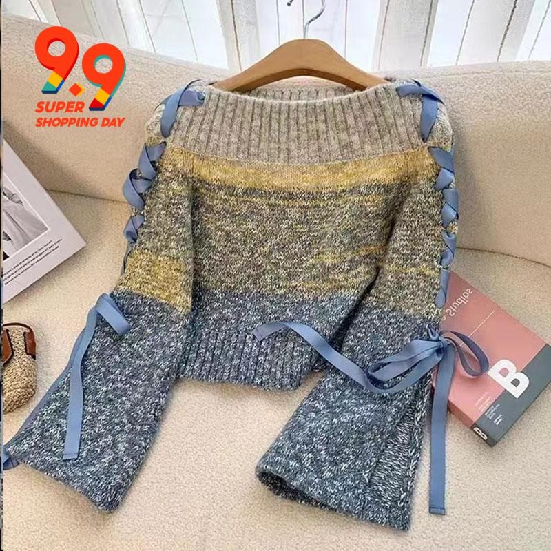 2023 ฤดูใบไม้ร่วงและฤดูหนาวใหม่ออกแบบเก๋ความรู้สึกสีสวมใส่เสื้อกันหนาวผู้หญิงแฟชั่นฝรั่งเศสเสื้อยืดแขนยาวถัก