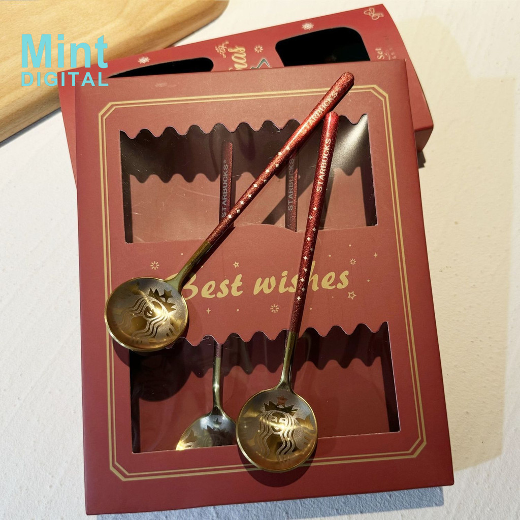 ช้อนสตาร์บัคส์ กล่องของขวัญสีแดง ช้อนกาแฟสไตล์คริสต์มาส อิน เกาหลีน่ารัก 304 สแตนเลส สตาร์บัคส์ บนโต๊ะอาหาร ช้อนขนม บ้าน