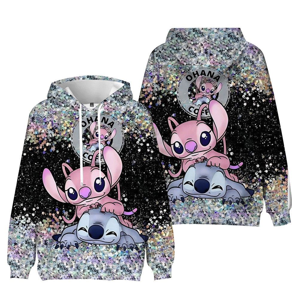 Disney Stitch Hoodies ผู้หญิง Harajuku Pullovers น่ารัก Kawaii Casual Tops O-คอ Angel พิมพ์ Hooded เสื้อกันหนาวแขนยาว