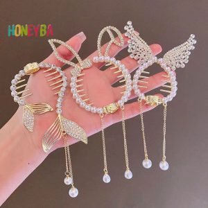  Elegant Hair Claw Pill Head Ponytail Buckle Pearl Rhinestone Pearl sel Shark Clip Hairbandกิ๊บติดผมHeaddress Nice