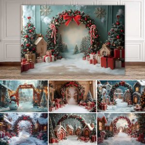 ฉากหลังการถ่ายภาพคริสต์มาส Xmas Tree Arch Town Street North Pole ฉากหิมะครอบครัวภาพพื้นหลังภาพปาร์ตี้