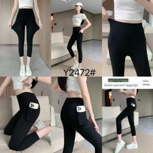 กางเกงขายาวเลกกิ้ง 7ส่วน กางเกงเลกกิ้ง ดำล้วน ดำแถบข้าง ผ้าทอ คอตตอนผสมสเปนเด็กช์ ทรงรัดรูป py2472#