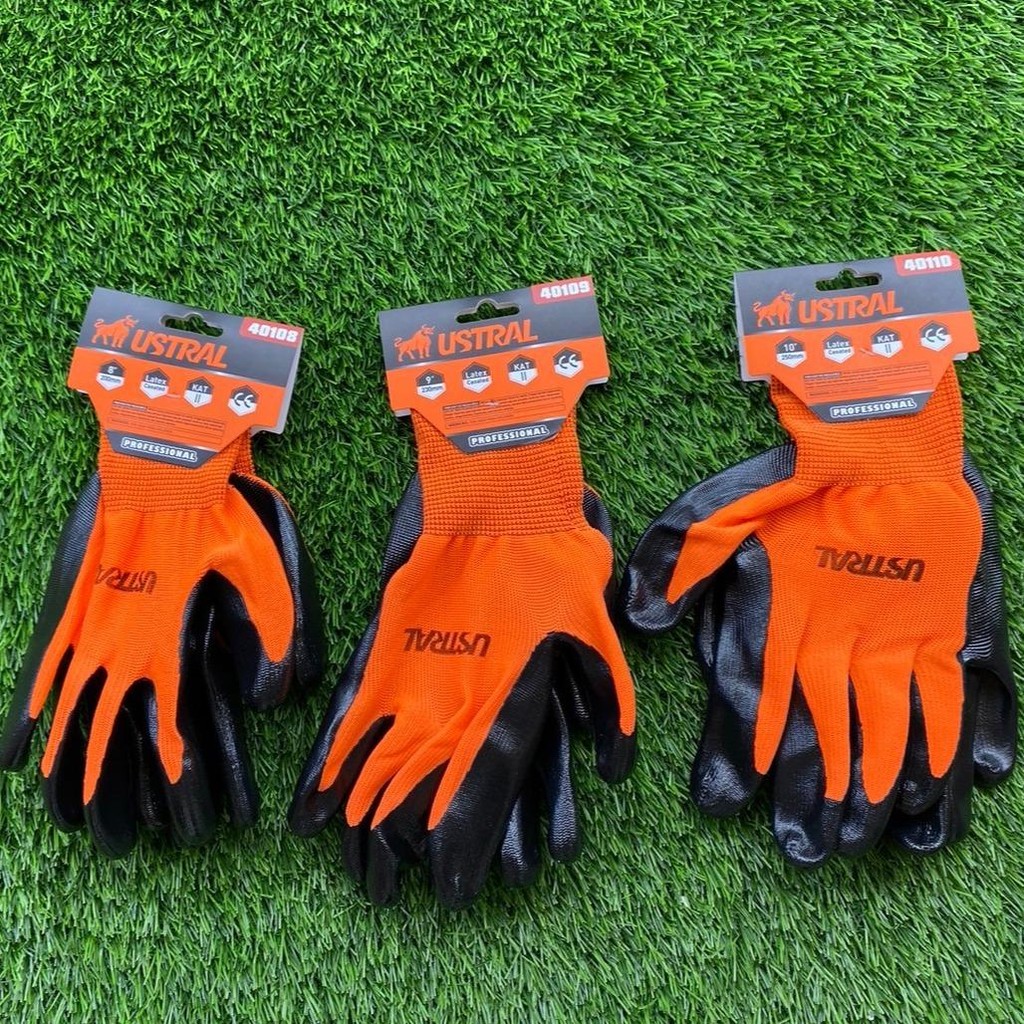 ถุงมือเคลือบยาง มีสีดำ-สีส้ม ขนาด 8,9,10 นิ้ว แพ็ค  1 คู่ ความทนทานต่อการขาด เสียดสีได้สูง