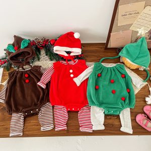 ชุดคริสต์มาสทารกแรกเกิดน่ารักหลวมทารกและเด็กหมวก + ผ้าฝ้ายลายชุดเด็กอ่อน 0-2 ปีเสื้อผ้าเด็ก