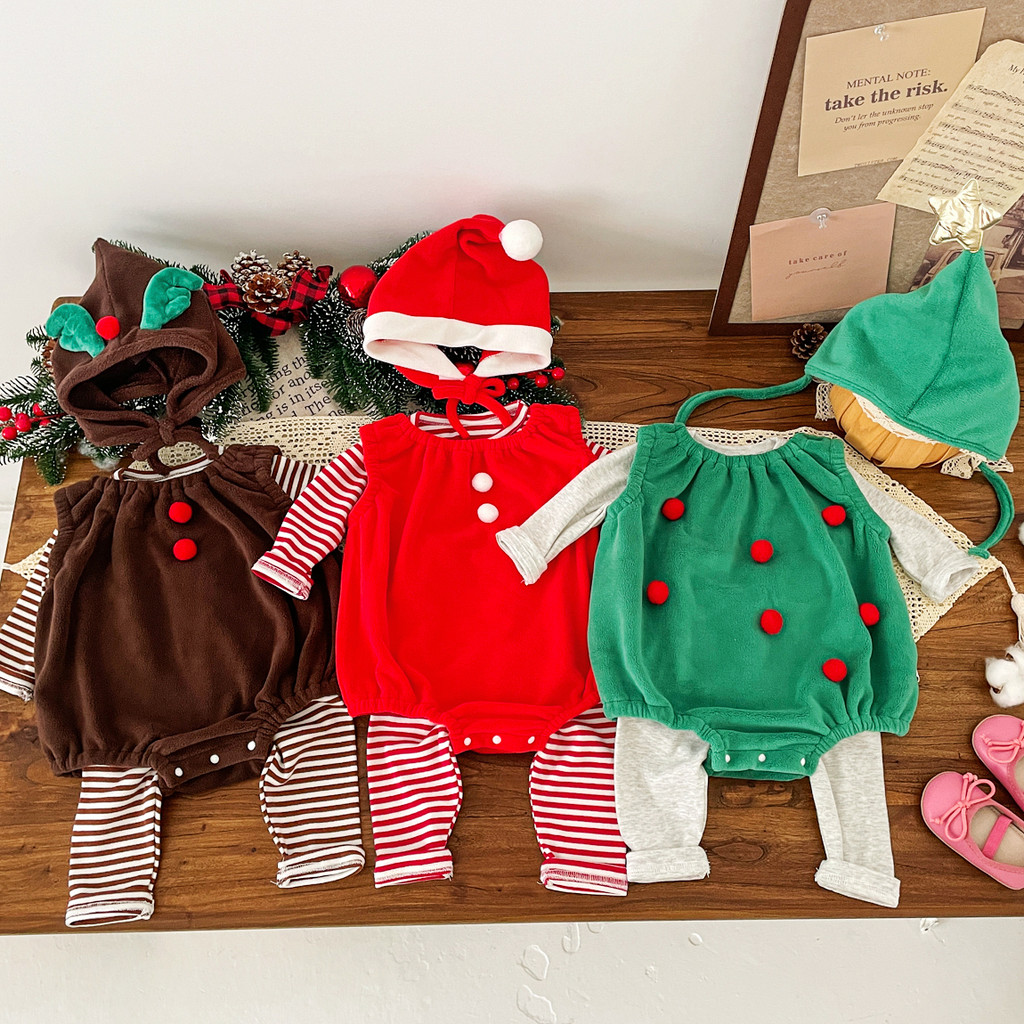 ชุดคริสต์มาสทารกแรกเกิดน่ารักหลวมทารกและเด็กหมวก + ผ้าฝ้ายลายชุดเด็กอ่อน 0-2 ปีเสื้อผ้าเด็ก