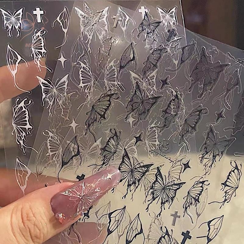 [maybeauty] เงินสีดําสีขาวผีเสื้อ 3D เล็บสติกเกอร์โลหะผีเสื้อ Star Crucifixion กาว Slider Wraps เล็บเจลโปแลนด์ Decals {TH}