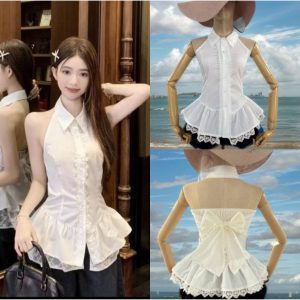 เสื้อแขนกุดคอปกดีเทลแต่งกระดุมระบายลูกไม้ เหมาะกับ