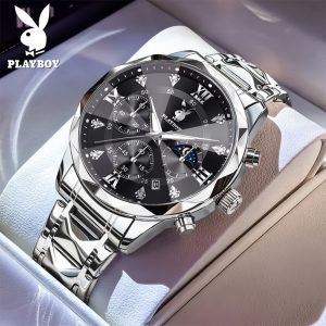 PLAYBOY นาฬิกาผู้ชาย 100% Original กันน้ําหรูหราธุรกิจสแตนเลสนาฬิกาผู้ชาย 3088