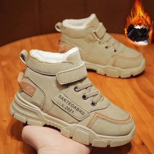 Kids Winter Snow Boots – High Top, Cashmere/Thick Fleece Lined กันน้ํา | พื้นยางกันลื่นปิดเวลโครกล่องนิ้วเท้ากว้างสําหรับกลางแจ้งและเดินป่า