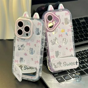 สีชมพูหวาน Bowknot ลูกแมว 3D DIY สําหรับ iPhone 11 16 7Plus 13 14 15 12 Pro Max Xr X Xs Max สนุกแมว Jelly Kitty เคสโทรศัพท์หรูหราเต็มรูปแบบเลนส์ปกหลังป้องกัน
