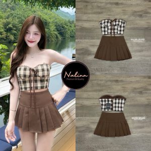 MM10 งานป้าย Nalinn Set ชุดเซ็ทเสื้อเกาะอก+กระโปรงสั้นจับจีบซับในกางเกง สำหรับผู้หญิง เสื้อผ้าแฟชั่นผู้หญิง ไซส์ Xs-M