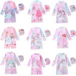 ชุดว่ายน้ําเด็กผู้หญิง One Piece การ์ตูนยูนิคอร์นแขนยาว Sun-Proof Beach ชุดว่ายน้ําเด็กทารกว่ายน้ํา