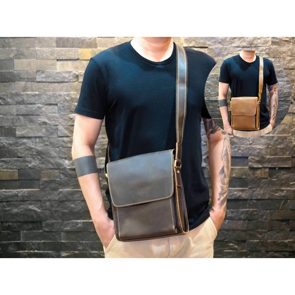 มีสินค้าพร้อมจัดส่ง กระเป๋าสะพายข้างหนังวัวแท้ สามารถใส่ไอแพด แทปเลตได้!