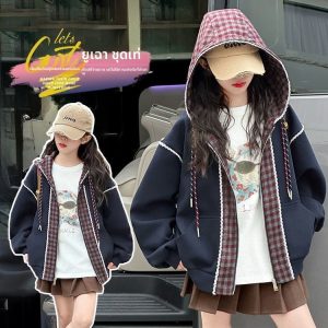 เสื้อคลุมเด็กผู้หญิง ฮู้ดลายตาราง แฟชั่นเกาหลี ใส่ไปเรียน น่ารัก เท่ ใส่สบาย ฤดูใบไม้ผลิ-ใบไม้ร่วง