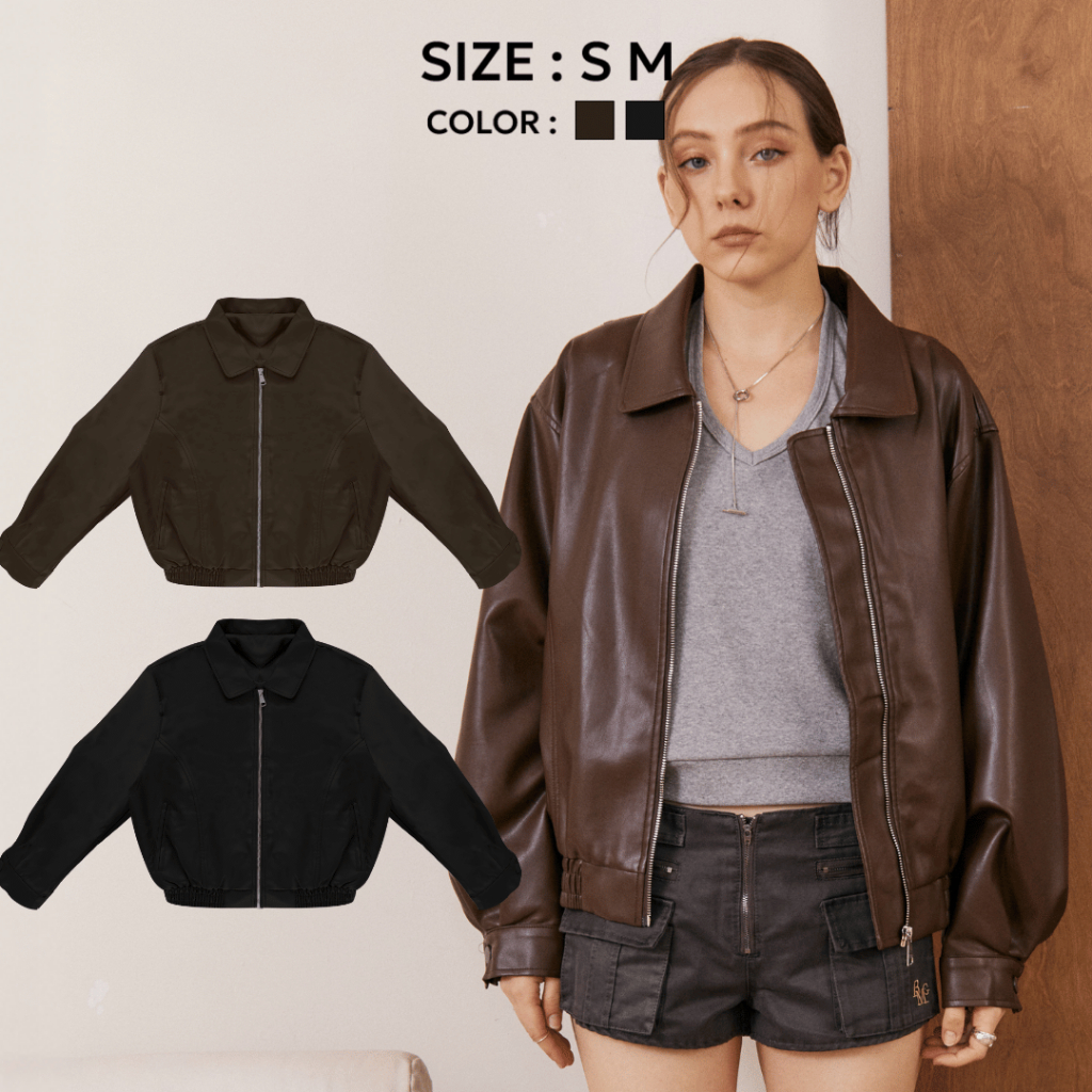 (พร้อมส่ง)Bemingtop990(S-M)-BMG Zip Leather Jacket แจ็กเก็ตผ้าหนังซิปหน้า ดีไซน์เรียบ