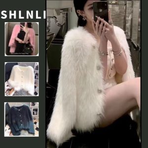 เสื้อโค้ทแขนยาวสไตล์ฝรั่งเศสสำหรับผู้หญิง ทำจากวัสดุเหมือนขนมิงค์ ดีไซน์หลวมๆ เหมาะสำหรับฤดูใบไม้ผลิและฤดูใบไม้ร่วง