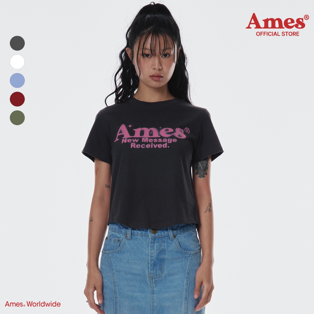 [AMES] ROUND HEM CROP TEE_สไตล์เกาหลี