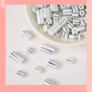 [JIN] ลูกปัดเซรามิกทรงกระบอกรูปแบบแนวตั้งย้อนยุค, วัสดุ diy ทําด้วยมือพอร์ซเลนสีขาวสีน้ําเงินพร้อมสต็อก