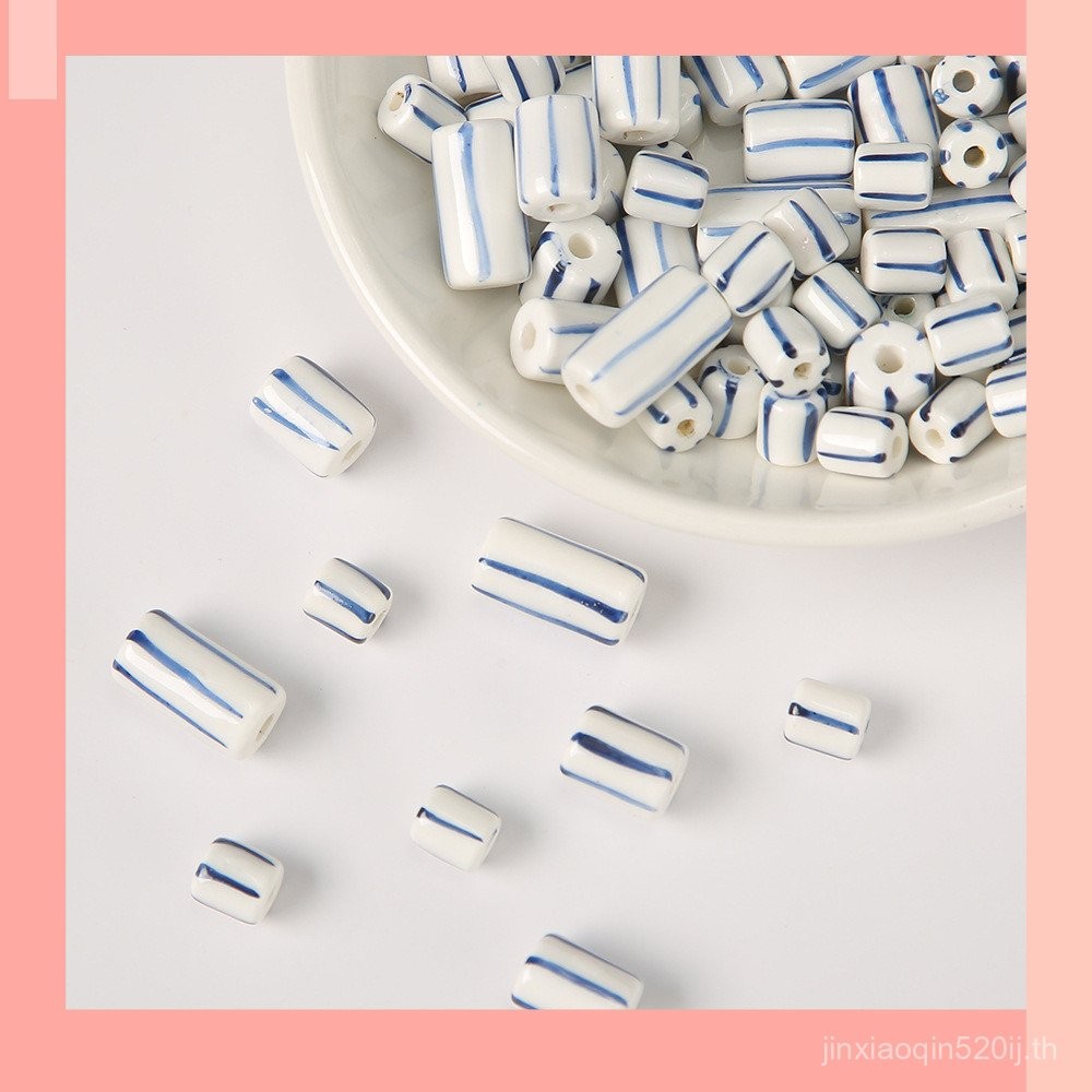 [JIN] ลูกปัดเซรามิกทรงกระบอกรูปแบบแนวตั้งย้อนยุค, วัสดุ diy ทําด้วยมือพอร์ซเลนสีขาวสีน้ําเงินพร้อมสต็อก