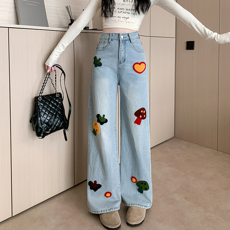 Hermaurou S-6XL กางเกงยีนส์ทรงหลวมเอวสูงสำหรับผู้หญิง ดีไซน์ลายการ์ตูนน่ารัก