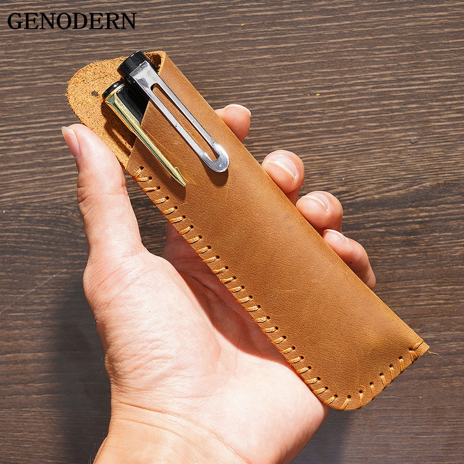 GENODERN ใหม่ handmade ปากกาหนังแท้กระเป๋า vintage cowhide สองดินสอผู้ถือสําหรับ Rollerball fountain ปากกาลูกลื่น