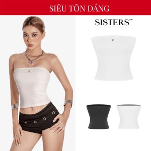 SISTERS เสื้อท่อนบนสตรีตัวยาวธรรมดาพร้อมโลโก้สแตนเลส Lulu กอดตัว โชว์ส่วนโค้งเย้ายวน แอสเตอร์ | เอสเอส-ที75