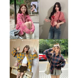 Cicishop(3017-1)เสื้อเชิ้ตแขนยาวลายสก๊อต ทรงเบสิคใส่คลุมกันแดดหรือแมทต์ก็สวย สไตล์เรโทรอเมริกัน
