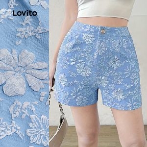 Lovito กางเกงขาสั้นลำลองผ้าทอมีปุ่ม สบายและเย็นในฤดูใบไม้ผลิ/ฤดูร้อน สีฟ้า L139AD171