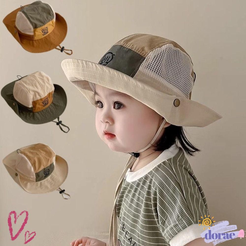 DORAE หมวกบักเก็ตสําหรับเด็ก, หมวกอ่างล้างหน้าแบบมีเชือกรูดปีกกว้างแห้งเร็ว, ตาข่ายบางระบายอากาศได้หมวกชาวประมงสําหรับเด็กปีนเขา