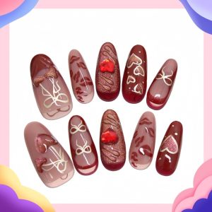 【สินค้าใหม่】เล็บแฟชั่นตาหัวใจรักเชอร์รี่กลวงออกโบว์ฝรั่งเศสยุโรปและอเมริกา ins เล็บเล็บ 24 ชิ้น