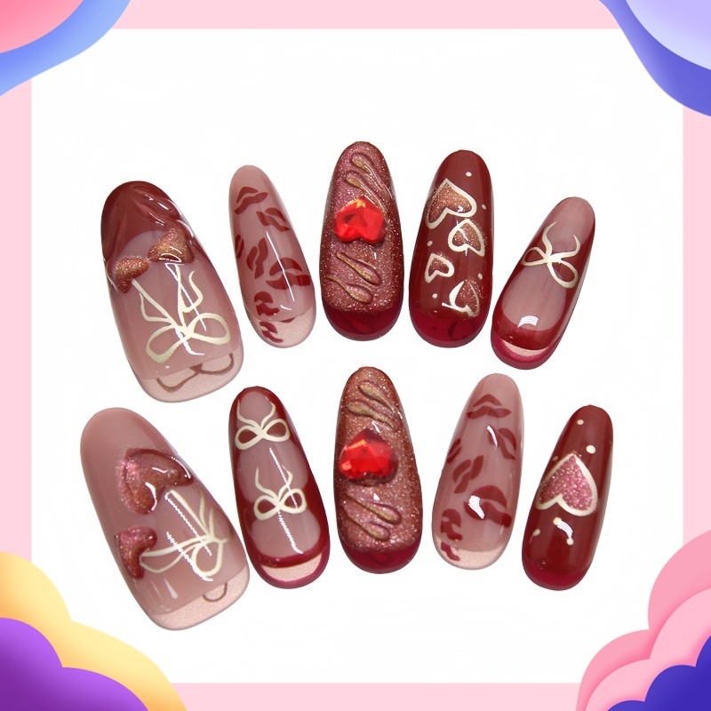 【สินค้าใหม่】เล็บแฟชั่นตาหัวใจรักเชอร์รี่กลวงออกโบว์ฝรั่งเศสยุโรปและอเมริกา ins เล็บเล็บ 24 ชิ้น