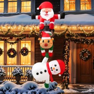 8FT ตกแต่งคริสต์มาสกลางแจ้ง,คริสต์มาสพองปีนเขาซานตาคลอส Reindeer & Snowman ในตัว LED Blow Up Santa ตกแต่งคริสต์มาสกลางแจ้งสําหรับ Beam หลังคาตกแต่งในร่ม