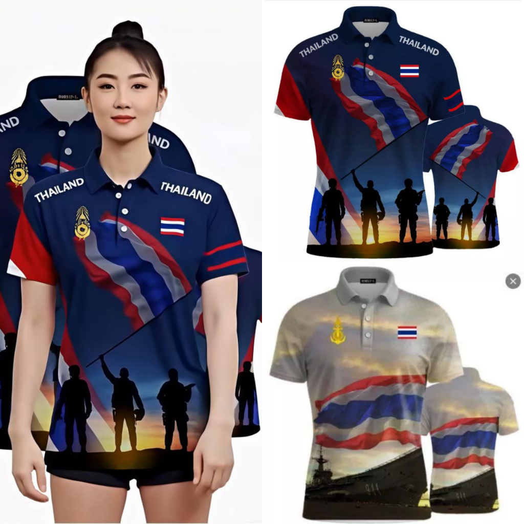 เสื้อโปโลแขนสั้นพิมพ์ธงชาติไทย สำหรับทั้งชายและหญิง ดีไซน์ระบายอากาศได้ดี แห้งไว และเป็นการแสดงออกถึงความรักในเสรีภาพและประชาธิปไตย