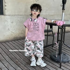 สูทเด็กสองชิ้น สไตล์เกาหลีสำหรับฤดูร้อน สีชมพูสบายๆ