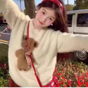 เสื้อกันหนาวผ้าขนแกะสำหรับผู้หญิง สไตล์หมี ออกแบบมาให้สวมหัว หนามาก เหมาะกับฤดูใบไม้ร่วงและฤดูหนาว สีขาว