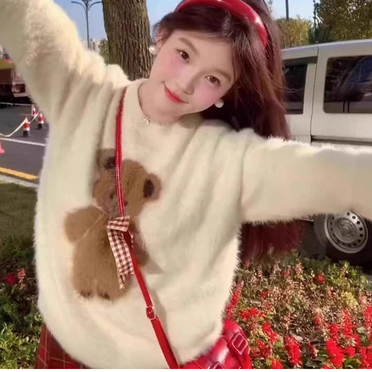 เสื้อกันหนาวผ้าขนแกะสำหรับผู้หญิง สไตล์หมี ออกแบบมาให้สวมหัว หนามาก เหมาะกับฤดูใบไม้ร่วงและฤดูหนาว สีขาว