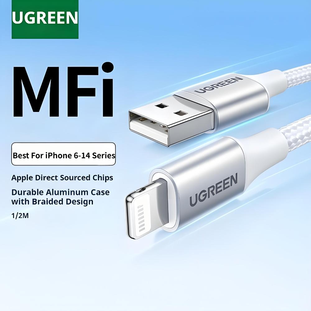 【การรับประกันท้องถิ่น】UGREEN USB 2.4Aสายชาร์จ ถักไนลอน Aluminum alloy shell ประกัน 2 ปี（ยินดีคืนเงิน）for 14/13/12/11