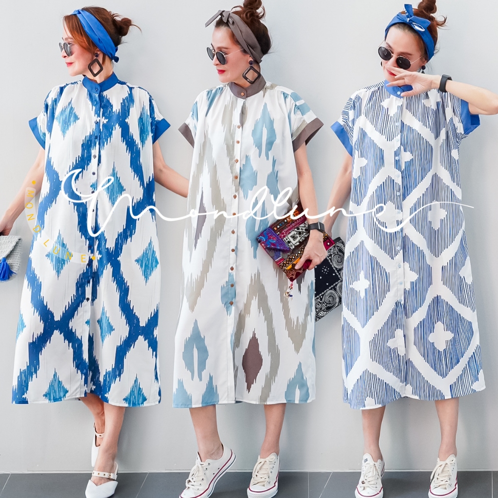 #3948 MondLune ชุดเดรสคอจีน แขนเกย กระดุมผ่าหน้า กระเป๋าข้าง ผ้าคอตต้อน พิมพ์ลายดิจิตอล