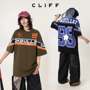 CLIFF ยอดนิยมสไตล์อเมริกัน เสื้อยืดแขนสั้น คอกลม Oversize แบบหลวมลำลอง หล่อ