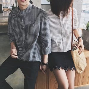 เสื้อเชิ้ตคอจีนแขนยาว เสื้อเชิ้ตผู้ชาย เสื้อคู่ ลายทาง ผ้าฝ้าย ใส่สบาย ไม่ร้อน พร้อมส่ง