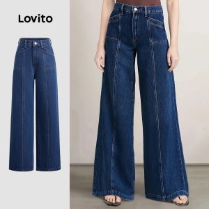 Lovito กางเกงยีนส์แบบแคชชวล กระเป๋า button สปริง/ซัมเมอร์ สีน้ำเงินเข้ม L150ED404